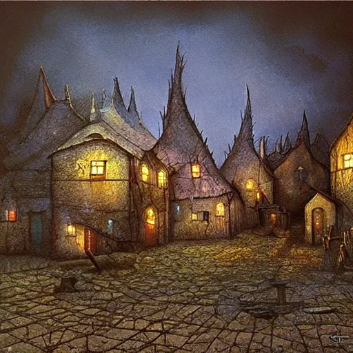 Image similar to scene from a dream. village. digital artwork by vincent bons, michael whelan, remedios varo and gerardo dottori. grainy and rough. interesting pastel colour palette. beautiful light. oil and water colour based on high quality render.