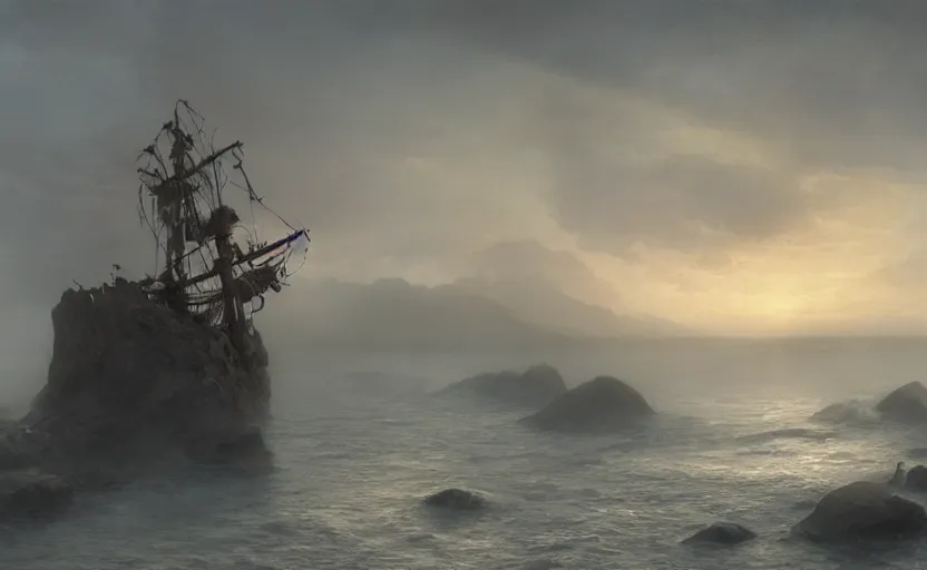 Prompt: old wooden pirate ship, directed by charlie kaufman ( 2 0 0 1 ) anamorphic lenses, a rocky shore in the foreground, foggy volumetric light morning, a beam of light from the heavens, cinematic trending on artstation in the style of greg rutkowski