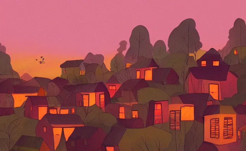 Image similar to village, houses with faces, sunset atmosphere, pink, low contrast, light, naive, detailed, cinematic, drawing, game