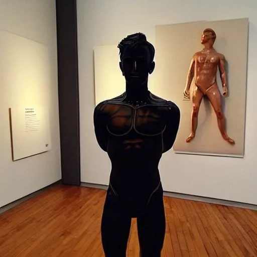 Image similar to “a realistic detailed photo of a guy who is an attractive humanoid who is half robot and half humanoid, who is a male android, British diver Jack Laugher, shiny skin, posing like a statue, blank stare, at the museum, on display”