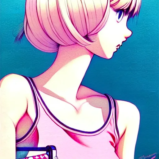 Image similar to richly detailed color  illustration of a dainty pretty young woman wearing a tank top, 'go-go' is the theme, very soft shadowing, smooth textures, large scale image. art by Range Murata.