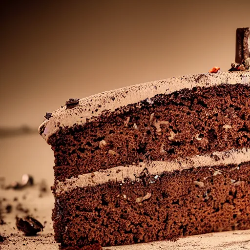 Image similar to a slice of cake made of mud and dirt, with earthworms crawling on it, food photography, dslr, f3.5