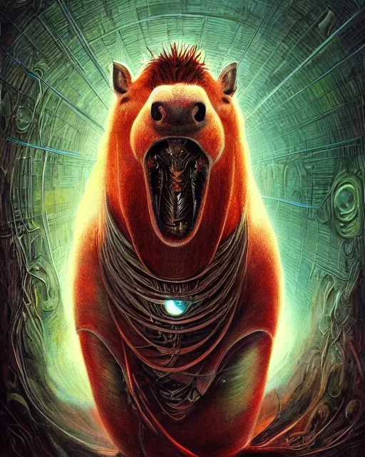 Image similar to bloody cyborg capybara, by antonio j. manzanedo, giger, alex grey, android jones, wayne barlowe, philippe druillet, raymond swanland, cyril rolando, josephine wall, harumi hironaka, trending on artstation