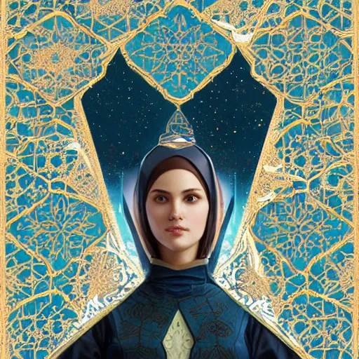 Image similar to islamic pattern, starfleet uniform, undersea, intricate, elegant, highly detailed, digital painting, artstation, concept art, smooth, sharp focus, illustration, art by artgerm and greg rutkowski and alphonse mucha and william - adolphe bouguereau