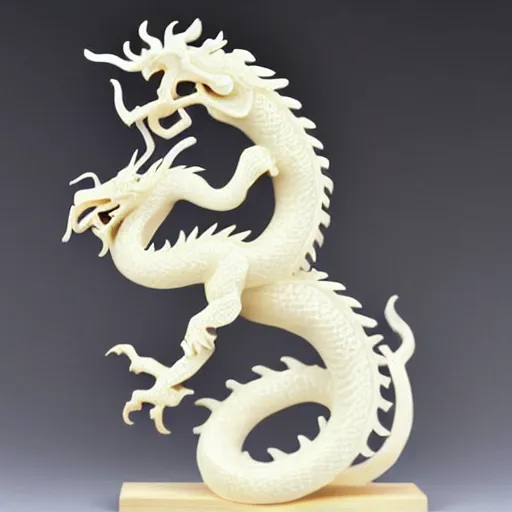 Image similar to an ivory carving sculpture of a chinese dragon winding around intricate wooden structures