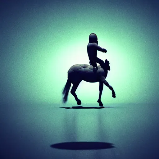 Image similar to an astronaut standing on the ground and a small trippy aggressive centaur standing on that poor human being standing on all fours astronaut raising his arms up, really trying to ride it, the horse is on his shoulders and grabbing them, minimalist style, 3 d render, isometry