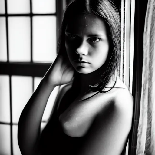 Image similar to black and white photography of highly detailed beautiful depressed Woman with detailed face in the heroine chique style standing by the window, vintage, natural light, sigma 85mm f/1.4 1/10 sec shutter