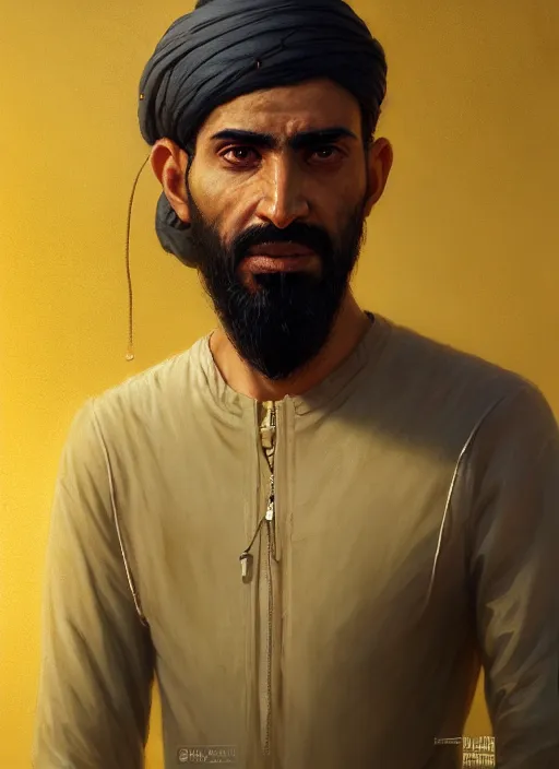 Image similar to highly detailed portrait arab man modern, hero, yellow charcoal, stephen bliss, 8 k, unreal engine, fantasy art by greg rutkowski, loish, rhads, ferdinand knab, makoto shinkai and lois van baarle, ilya kuvshinov, rossdraws, tom bagshaw, global illumination, radiant light, detailed and intricate environment