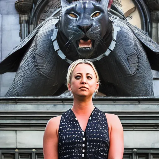 Prompt: A detailed film still of Kaley Cuoco under the Eastgate clock in Chester. Behind her we see a black panther. 70mm