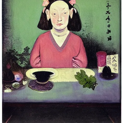 Image similar to “a portrait in an art student’s apartment, a feminine pig sitting at a dining table, pork, ikebana white flowers, white wax, squashed berries, acrylic and spray paint and oilstick on canvas, by munch and Dali”