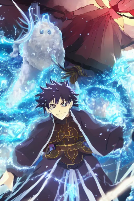 Image similar to cover art of mage summoning a ice golem, ufotable anime style, epic background