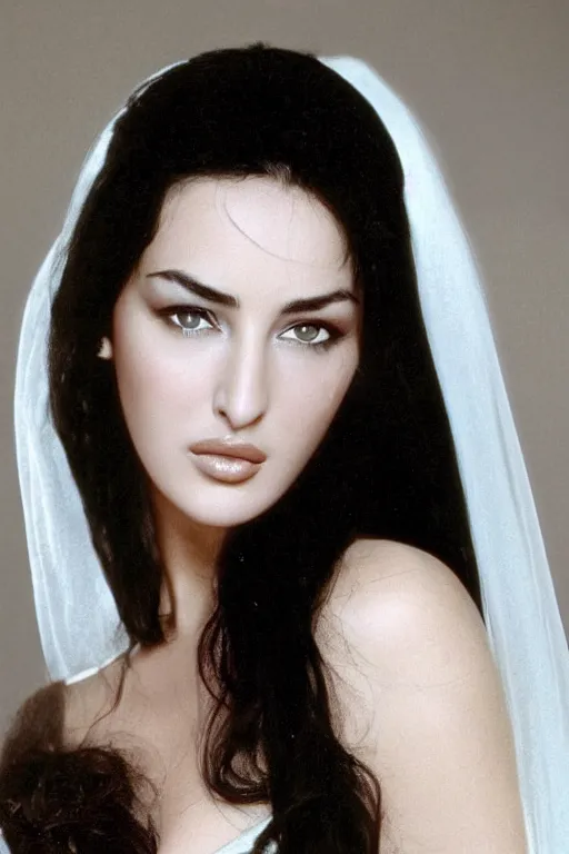 Image similar to young arab Monica Bellucci, blue eyes, long wavy black hair, white veil, closeup, focus, light makeup