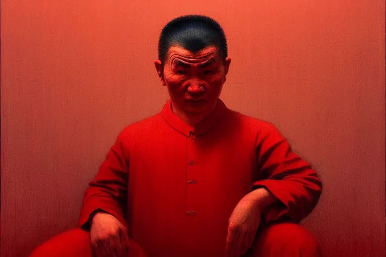 Prompt: a uyghur prisoner, in the style of beksinski, parts by edward hopper, parts by rodcenko, parts by yue minjun, intricate and epic composition, symmetrical, red by caravaggio, insanely quality, highly detailed, masterpiece, red light, artstation, 4 k