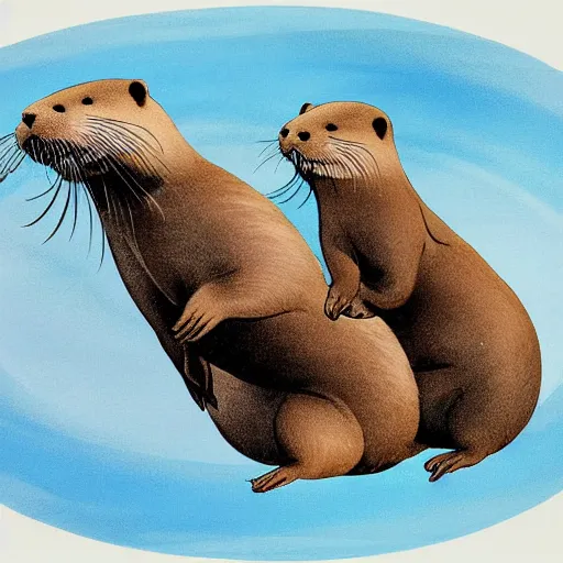 Image similar to otters playing with one another wide angle shot, white background, vector art, illustration by frank frazetta