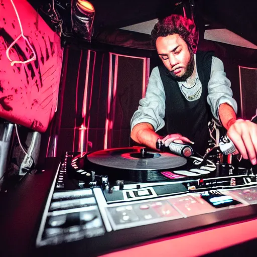 Prompt: instagram photo of a dj hip hop grizzly bear spinning turn tables and holding a microphone