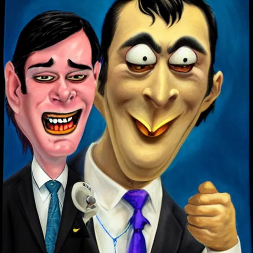 Image similar to beautiful lifelike painting of martin shkreli and the batman happily married, hyperreal detailed facial features and uv lighting, art by ed roth and basil wolverton