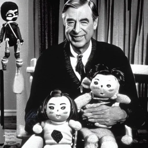Image similar to Mr. Rogers surrounded by evil killer dolls