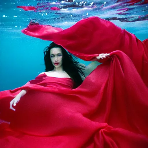 Image similar to beautiful portrait of sensual fashion model in red silk underwater, 35mm film