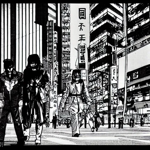 Image similar to moebius, mechanical inhuman monsters walking the streets of shinjuku,