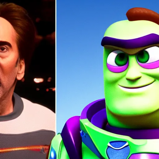 Image similar to nicolas cage is buzz lightyear in pixar style