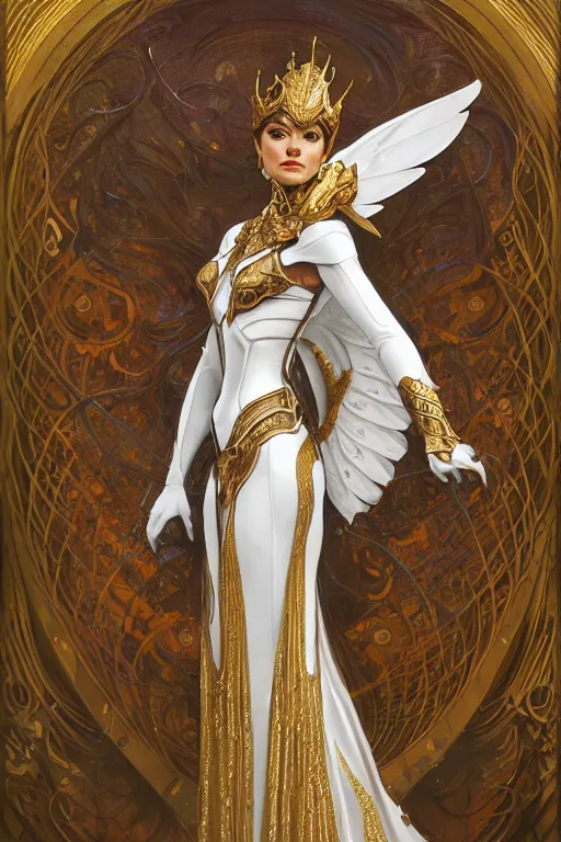 Image similar to full body portrait of a queen wearing white armor with ornate bronze and gold, white gossamer wings, art nouveau, profile, 4K, character concept art, oil painting, trending in artstation, cgsociety, by nekro, Alphonse Mucha, Brom, Artgerm