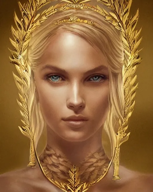 Image similar to tattoo design sketch of hot blonde super model as aphrodite greek goddess wearing a gold laurel wreath and triangle earrings, beautiful piercing gaze with sharp pupils, in the style of greg rutkowski, fantasy, amazing detail, epic, elegant, smooth, sharp focus, front view