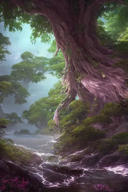 Prompt: ethereal river flowing through a giant ancient tree, serene evening atmosphere, pixie dust in the air, soft lens, soft light, cel - shading, animation, in the style of cgsociety, deviantart, artstation, zbrush, cinema 4 d, studio ghibli, akihiko yoshida, atelier lulua, masamune shirow