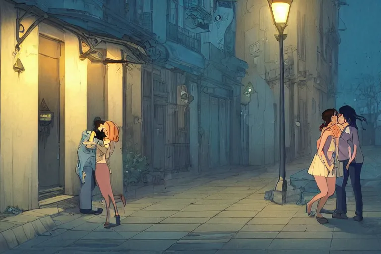 Image similar to a zombie couple kissing under a street lamp in Buenos aires at night, dark blue long hair, muted colors, matte print, pastel colors, ornate, digital art, cute smile, digital painting, fan art, elegant, pixiv, by Ilya Kuvshinov, by Studio Ghibli