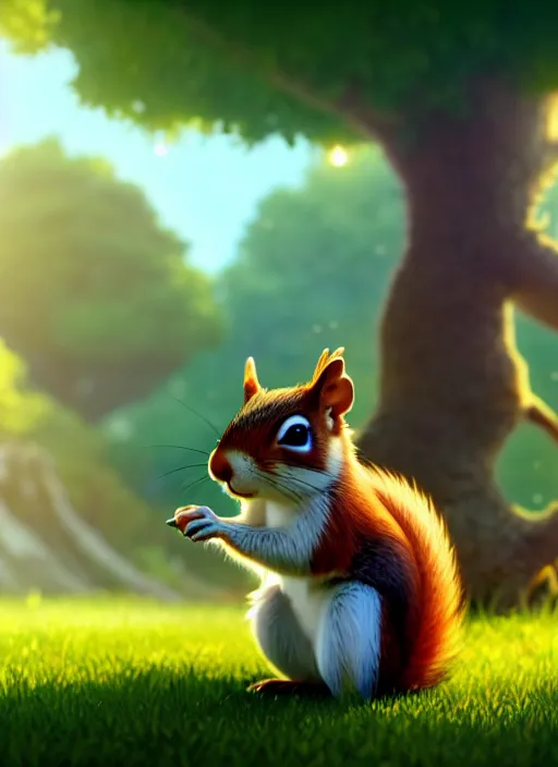 Image similar to a wholesome animation key shot of a cute squirrel, close - up, tree in the background, leaves in the foreground, studio ghibli, pixar and disney animation, sharp, rendered in unreal engine 5, anime key art by greg rutkowski, bloom, dramatic lighting