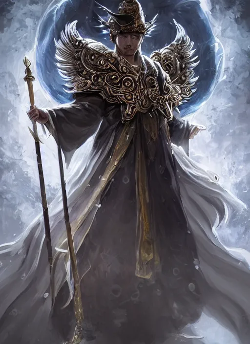 Prompt: a highly detailed illustration of mustached japanese man as wizard wearing ornate black robe and mage hat, dramatic floating pose, with divine guardian angel floating behind him, perfect face, intricate, elegant, highly detailed, centered, digital painting, artstation, concept art, smooth, sharp focus, league of legends concept art, WLOP