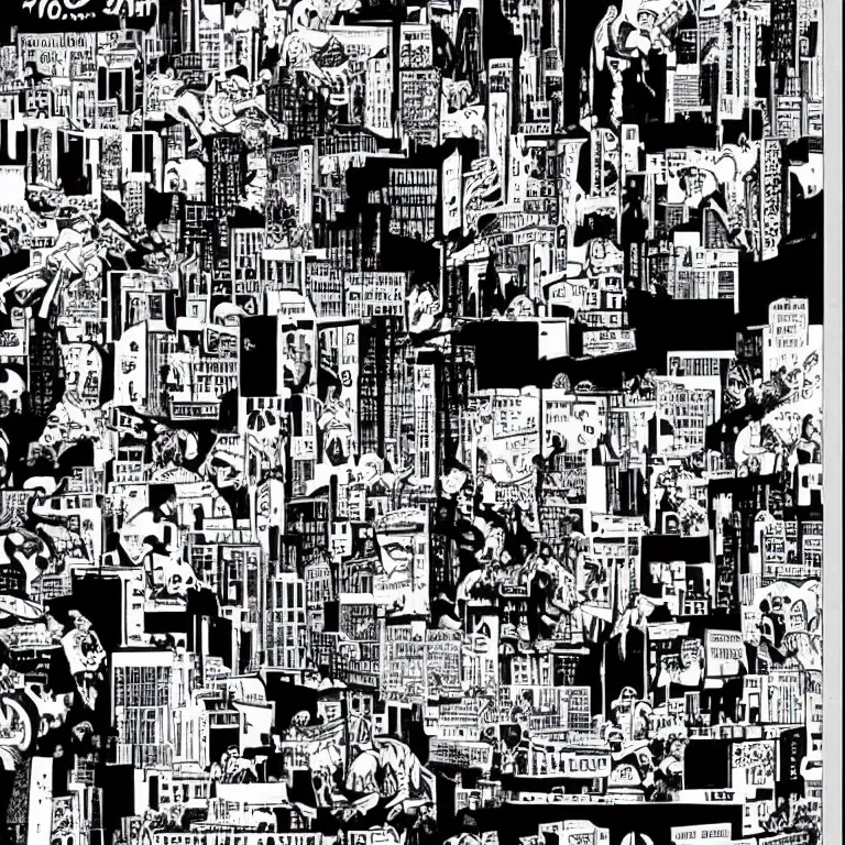 Image similar to we built this city on rock and roll, black and white comic art, lots of musical notes