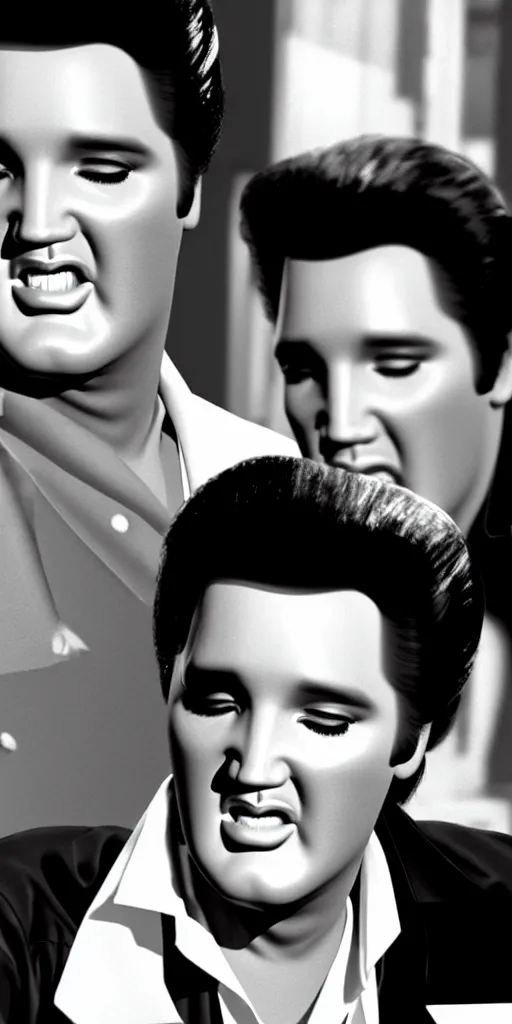 Image similar to photo portrait elvis in an english chip shop, screenshot from bollywood muscial