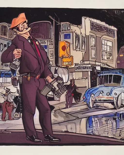 Image similar to detective pointing gun at camera, city street, artwork by ralph bakshi