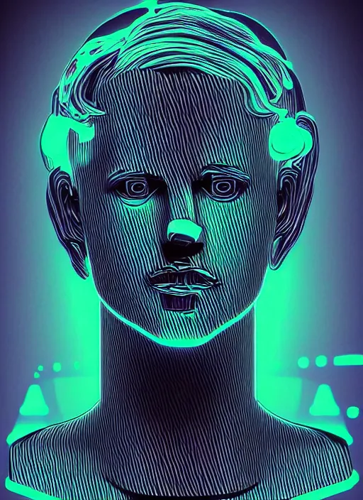 Image similar to bust of uberchad with chiseled jaw, beeple, vaporwave, retrowave, black background, neon wiring, black, glitch, strong contrast, cuts, pinterest, trending on artstation