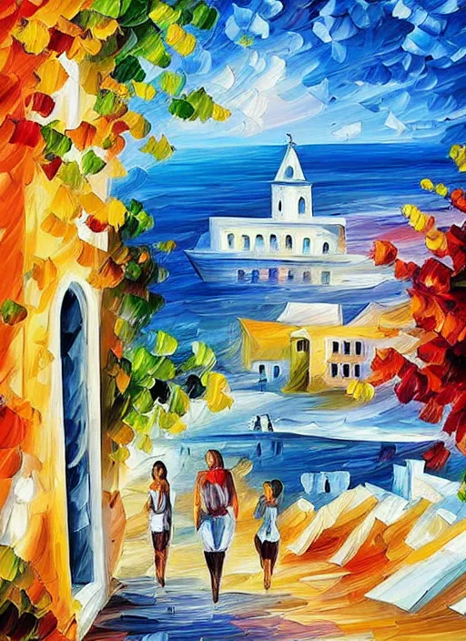 Image similar to beautiful seaside greek village in the style of leonid afremov