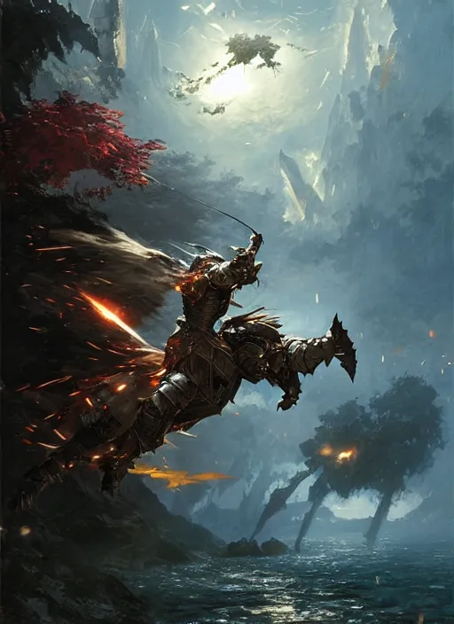 Image similar to 4k knight dodging an attack in a fantasy setting, art by greg rutkowski, art by craig mullins, art by thomas kincade, art by Yoshitaka Amano