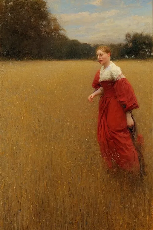 Prompt: Solomon Joseph Solomon and Richard Schmid and Jeremy Lipking victorian genre painting full length portrait painting of a young cottagecore walking in an open field of wheat, red background