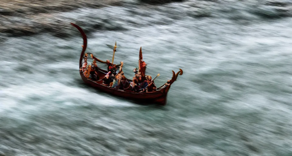 Prompt: fast viking ship sailing down a river, f / 2. 8, motion blur