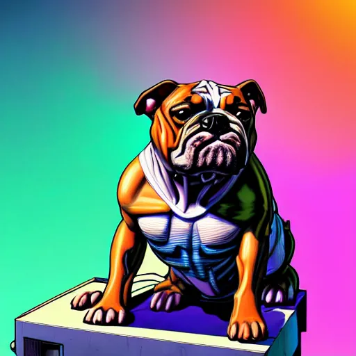 Image similar to « a comic styled painting of a cyborg bulldog sitting down, cyberpunk digital art by greg rutkowsky, illustration, colourful, sharp focus, highly detailed, future tech, sketchfab »