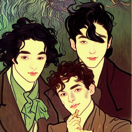 Image similar to painting of young cute handsome beautiful dark medium wavy hair man in his 2 0 s named shadow taehyung and cute handsome beautiful min - jun together at the halloween! party, bubbling cauldron!, candles!, smoke, autumn! colors, elegant, wearing suits!, clothes!, delicate facial features, art by alphonse mucha, vincent van gogh, egon schiele