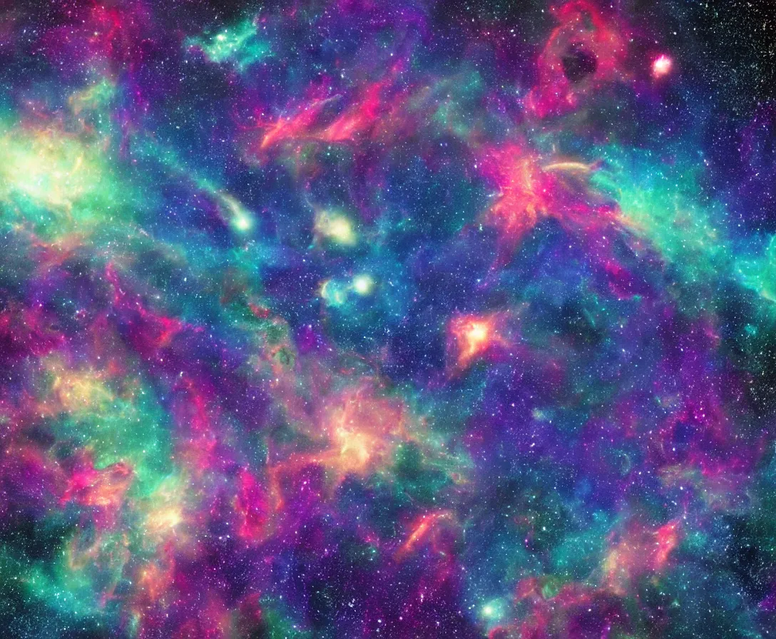 Image similar to giant space whales floating through a colorful nebula