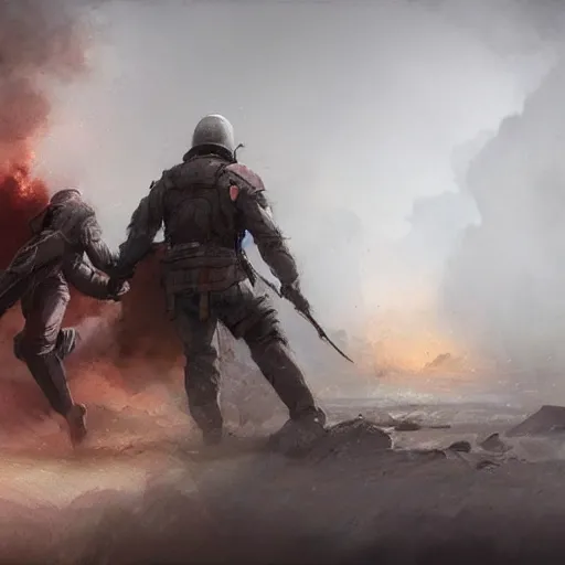 Image similar to Epic portrait A male medic saving an female medic from an explosion, blurred explosion backround, dirt, foggy, digital painting, artstation, concept art, soft light, hdri, smooth, sharp focus, illustration, fantasy, intricate, elegant, highly detailed, D&D, matte painting, in the style of Greg Rutkowski and Alphonse Mucha and artemisia, 8k, highly detailed, jurgens, rutkowski, bouguereau, pastoral, rustic, georgic