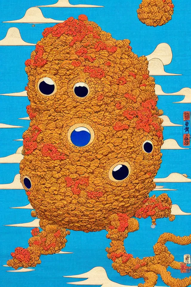 Image similar to an ukiyo - e painting of an intricate cute colorful fluffy dmt desert monster made out of burlap and coconut fiber, googly eyes, in colorful marker pen, by kokaris, naoto hattori, moebius and android jones