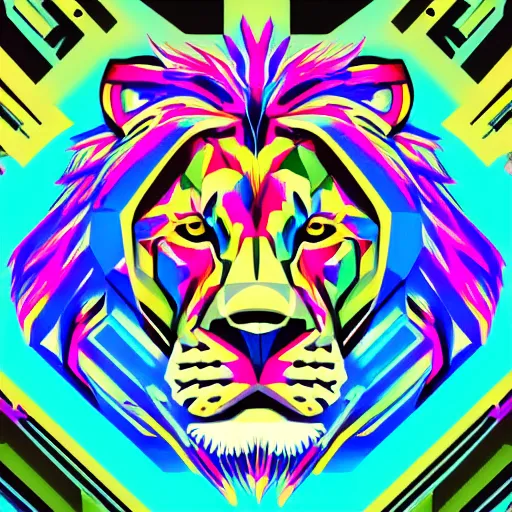 Prompt: A portrait of lion wearing a futuristic helmet in the style of synthwave