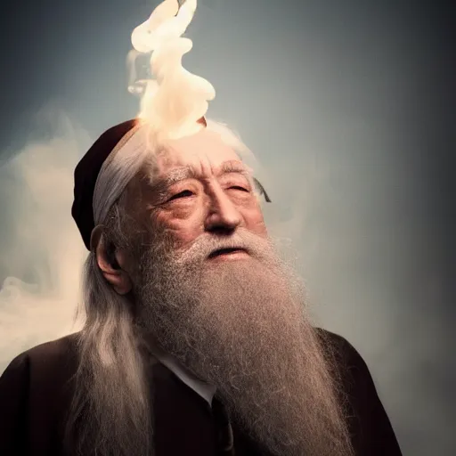 Prompt: a stoned dumbledore exhaling a huge smoke cloud, professional photography, featured on artstation