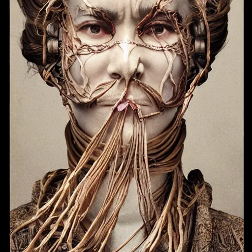 Image similar to portrait of a Shibari rope wrapped face and neck, headshot, insanely nice professional hair style, dramatic hair color, digital painting, of a old 15th century, old cyborg merchant, amber jewels, baroque, ornate clothing, scifi, realistic, hyperdetailed, chiaroscuro, concept art, art by Franz Hals and Jon Foster and Ayami Kojima and Amano and Karol Bak,