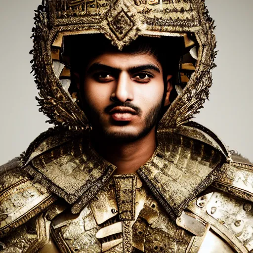 Image similar to a portrait of a beautiful young pakistani male wearing an alexander mcqueen armor , photographed by andrew thomas huang, artistic