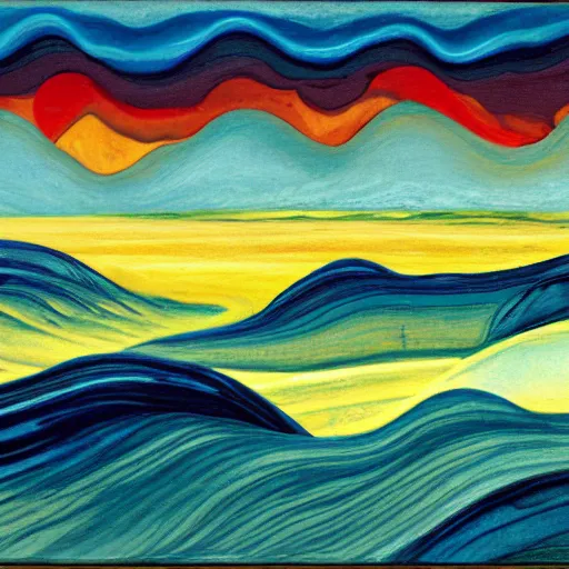 Image similar to A wild modernist landscape painting. Wild energy patterns rippling in all directions. Curves, organic. Saturated color. Mountains. Clouds. Textured surface. Rushing water.