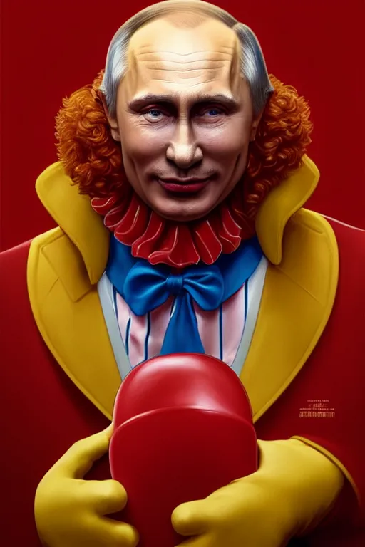 Image similar to vladimir putin as ronald mcdonald, 2 d portrait, symmetrical, highly detailed, digital painting, artstation, concept art, smooth, sharp focus, illustration, cinematic lighting, art by artgerm and greg rutkowski and alphonse mucha