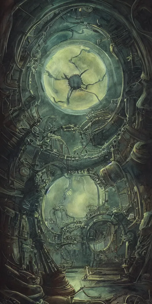 Image similar to a lovecraftian expressive water colour of a steampunk planet by josep tapiro baro in the style of romanticism art, dynamic lighting